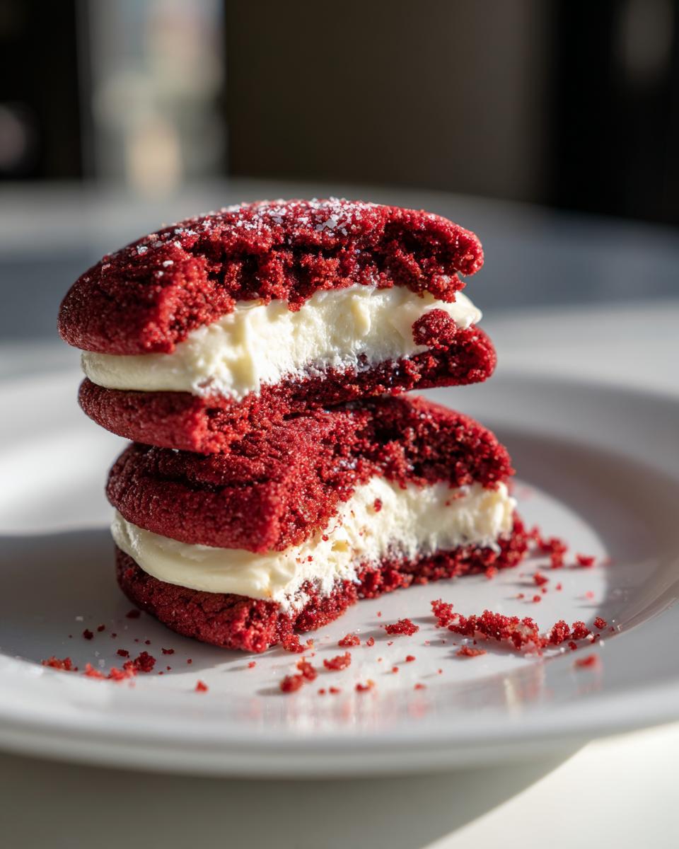 Two halves of a stacked red velvet cookies sandwich cookie, showing rich red cake and thick cream cheese filling.