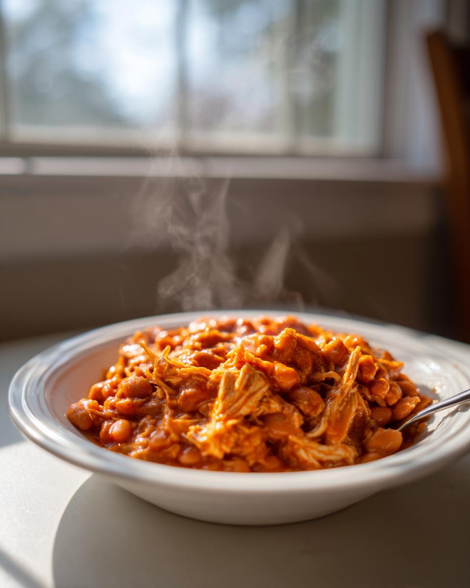 A white bowl filled with steaming slow cooker buffalo chicken chili, featuring shredded chicken and beans in a rich orange sauce.