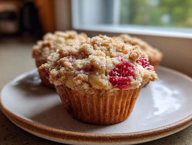 A close-up of a freshly baked strawberry muffins topped with a thick, sugary streusel, sitting on a speckled plate.