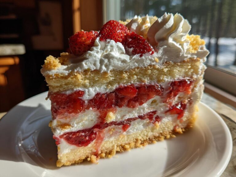 A tall slice of strawberry shortcake cheesecake layered with cake, cream, and strawberry filling, topped with fresh strawberries.