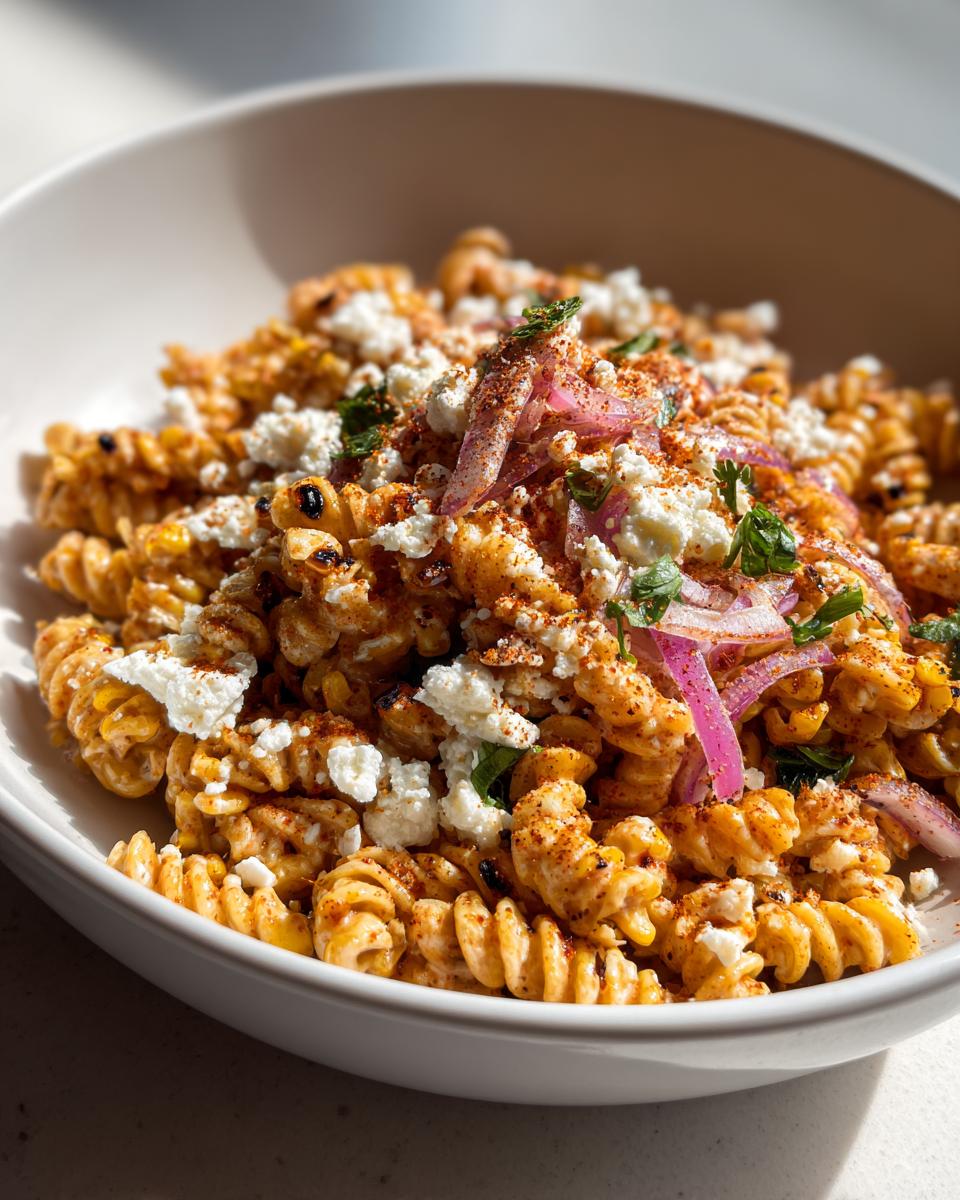 A close-up of a bowl filled with creamy street corn pasta salad, topped with cotija cheese, red onion, and spices.