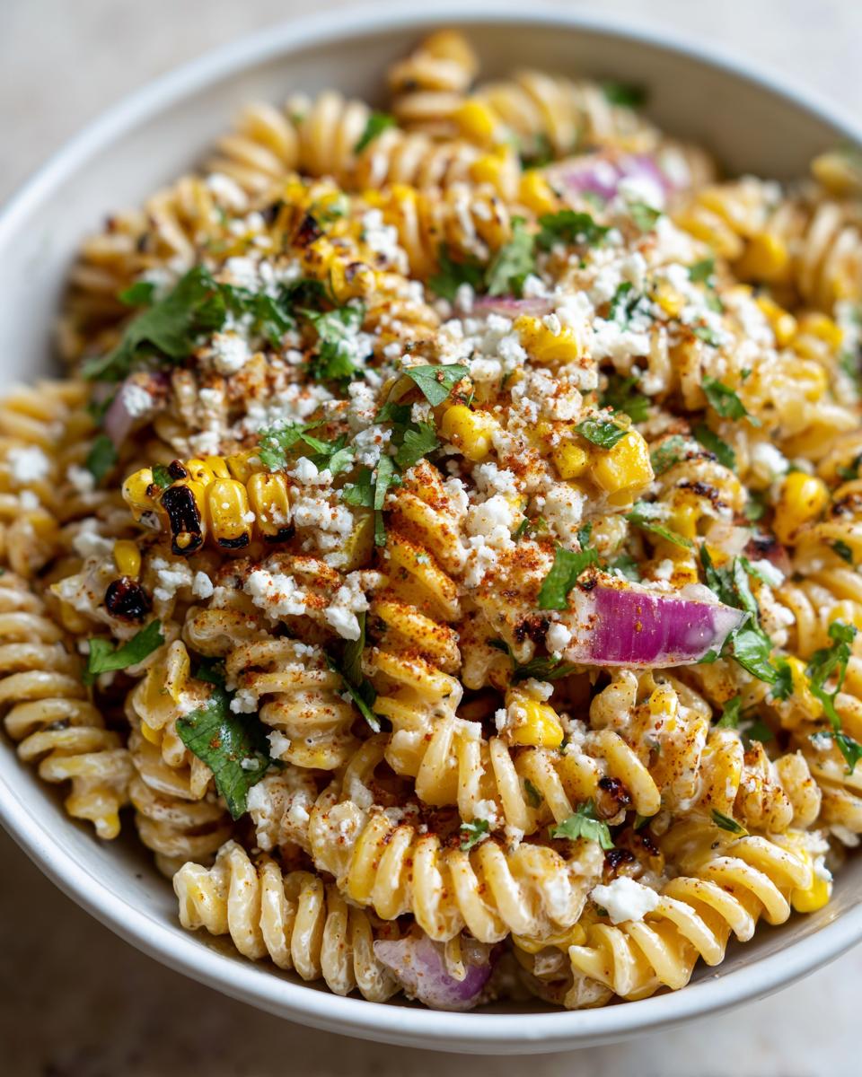 Close-up of creamy street corn pasta salad featuring fusilli pasta, charred corn, cotija cheese, and red onion.