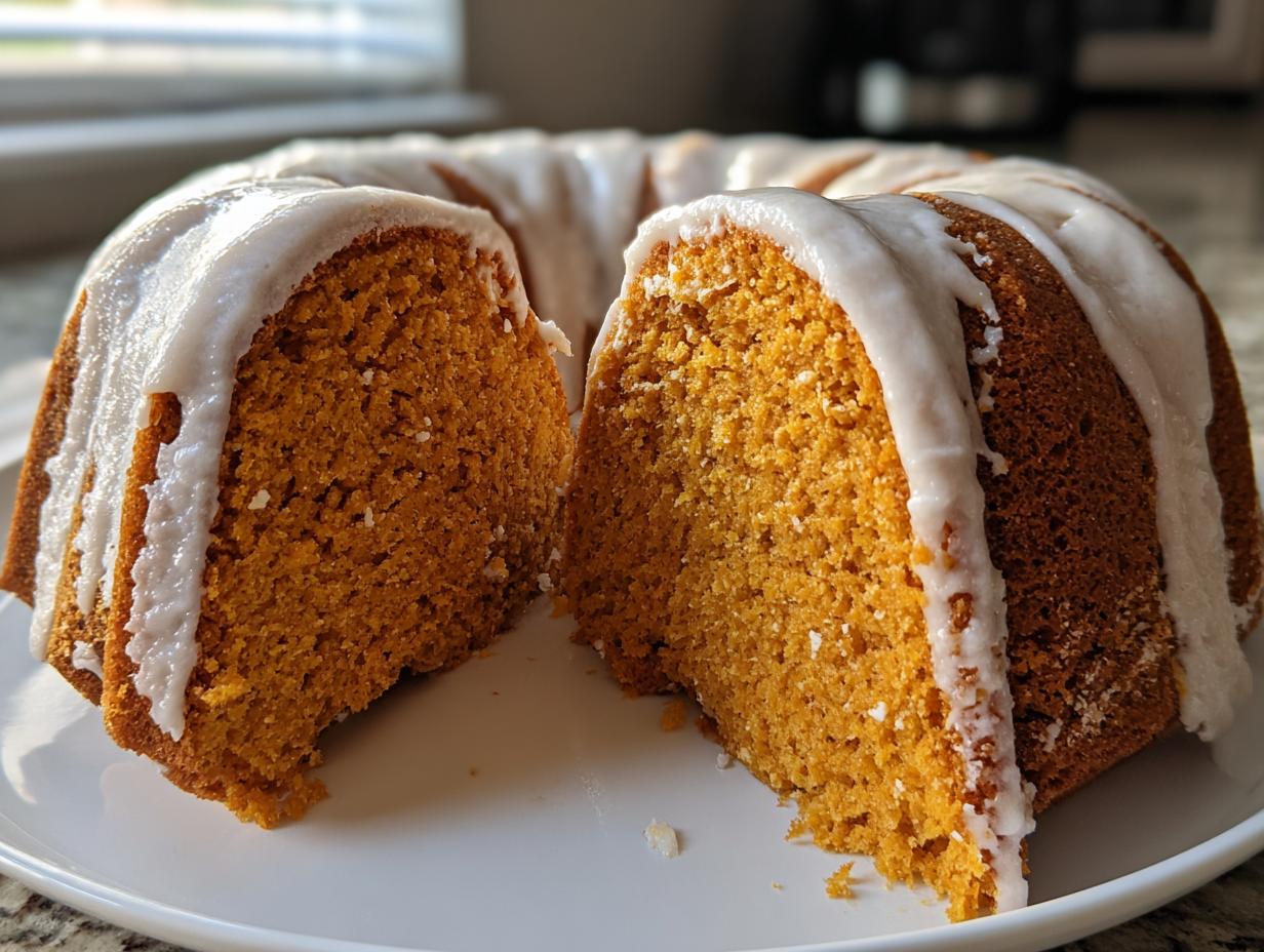 A sliced sweet potato pound cake with a thick vanilla glaze drizzled over the top, showing its moist orange crumb.