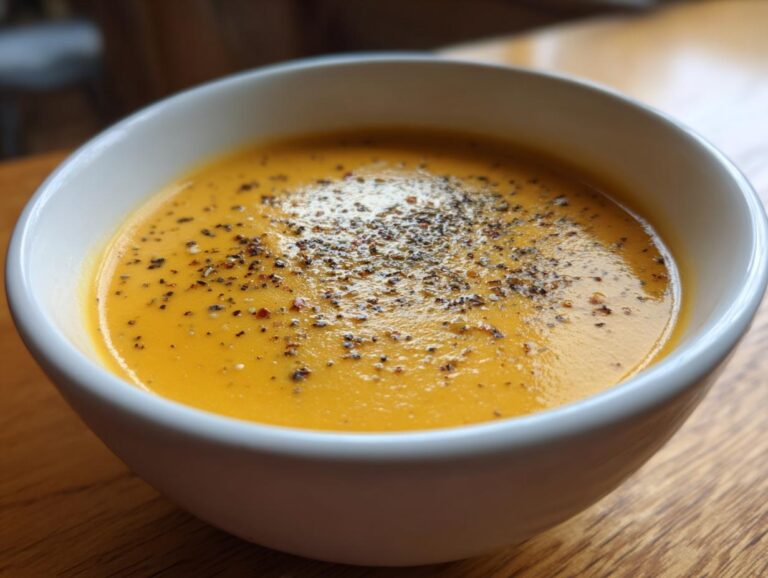 Close-up of a creamy, orange-hued cheese soup topped generously with freshly cracked black pepper.