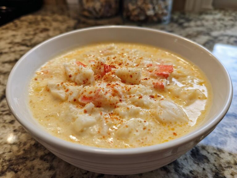 A close-up of a white bowl filled with rich, creamy she crab soup topped with visible crab meat and paprika.