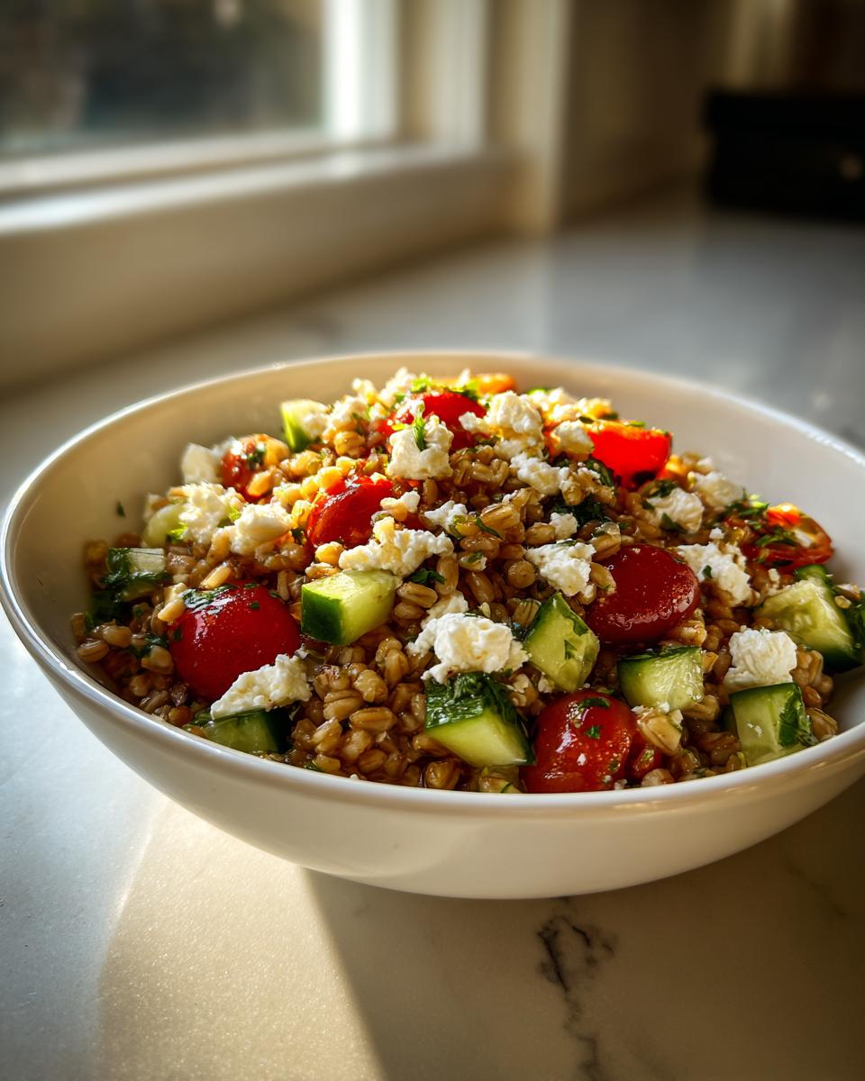 A bright white bowl filled with a vibrant farro salad featuring cherry tomatoes, diced cucumber, and crumbled feta cheese.
