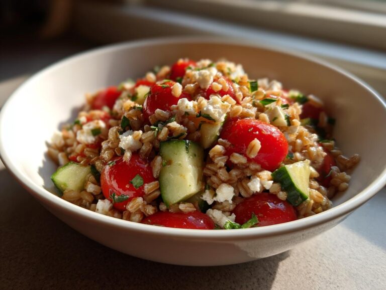 Close-up of a vibrant farro salad featuring whole cherry tomatoes, cucumber chunks, and crumbled feta cheese.