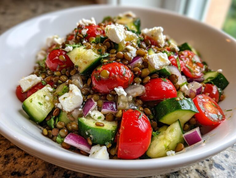 Close-up of a colorful lentil salad featuring brown lentils, cherry tomatoes, cucumber chunks, red onion, and feta cheese.