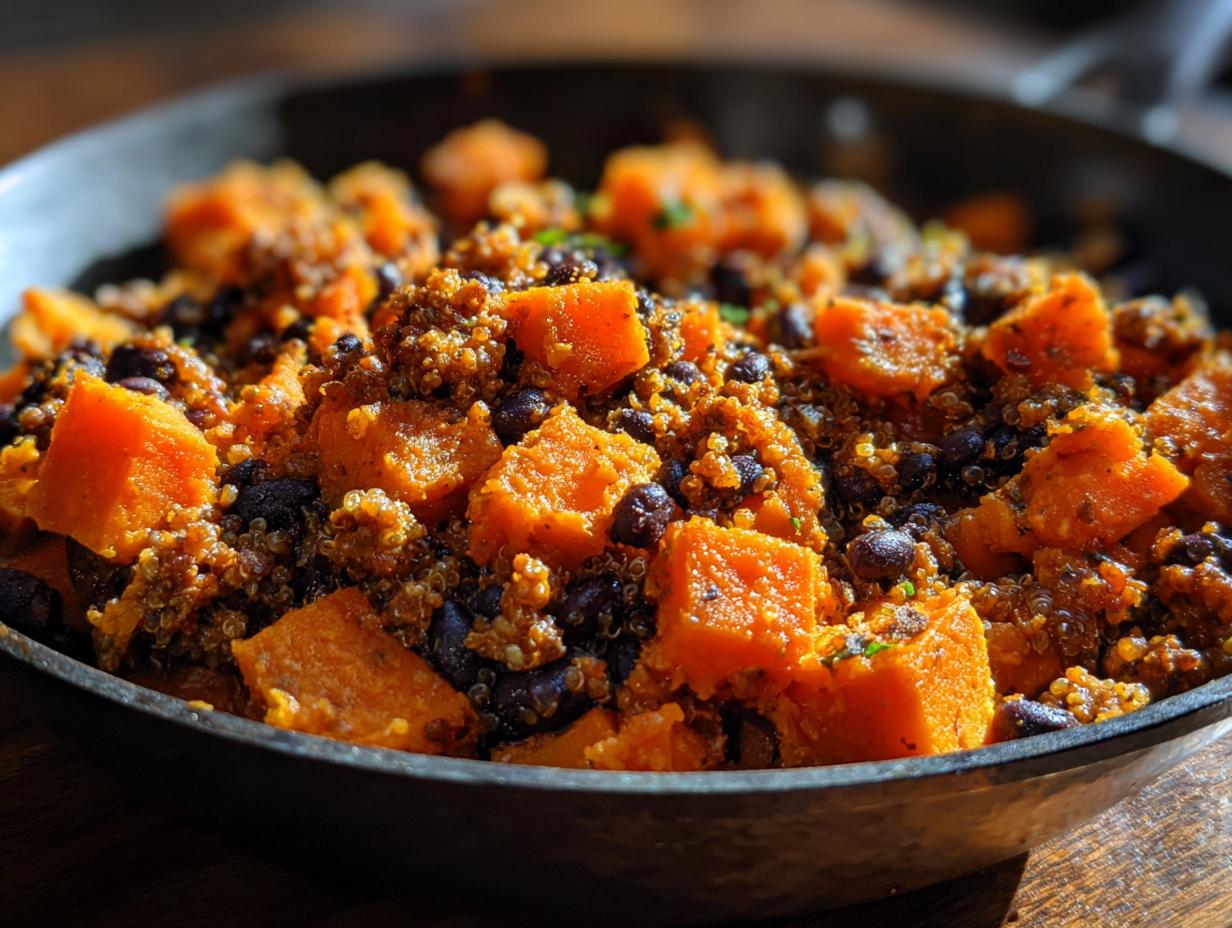 Close-up of a savory sweet potato skillet featuring bright orange cubes, black beans, and quinoa in a dark pan.
