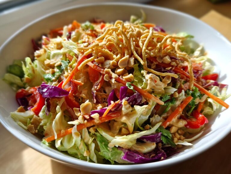 Close-up of a vibrant thai chicken salad featuring shredded cabbage, carrots, red peppers, and topped with crispy noodles and peanuts.