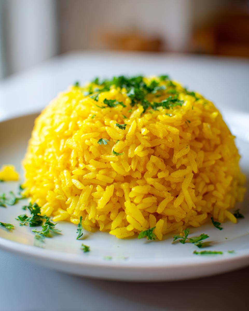 A perfectly molded mound of bright yellow turmeric rice, garnished with fresh chopped parsley on a white plate.
