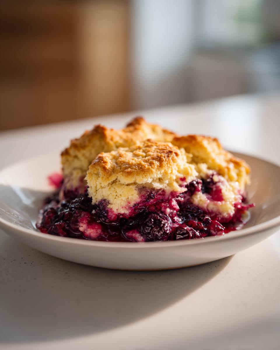 Close-up of a warm serving of berry cobbler with a juicy, dark purple berry filling and a golden, biscuit-like topping.