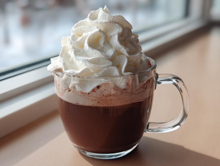A clear glass mug filled with rich brown whipped hot chocolate, topped generously with fluffy white whipped cream.