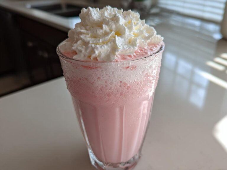 A tall, frosty glass filled with creamy, frothy pink lemonade topped with a generous swirl of whipped cream.