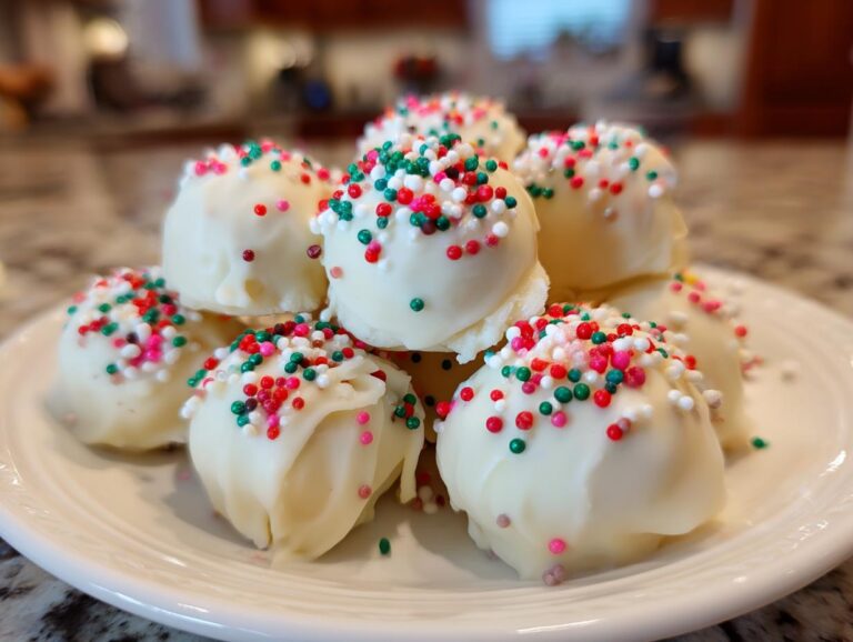 A pile of white chocolate sugar cookie truffles coated in red, green, and white holiday sprinkles on a white plate.