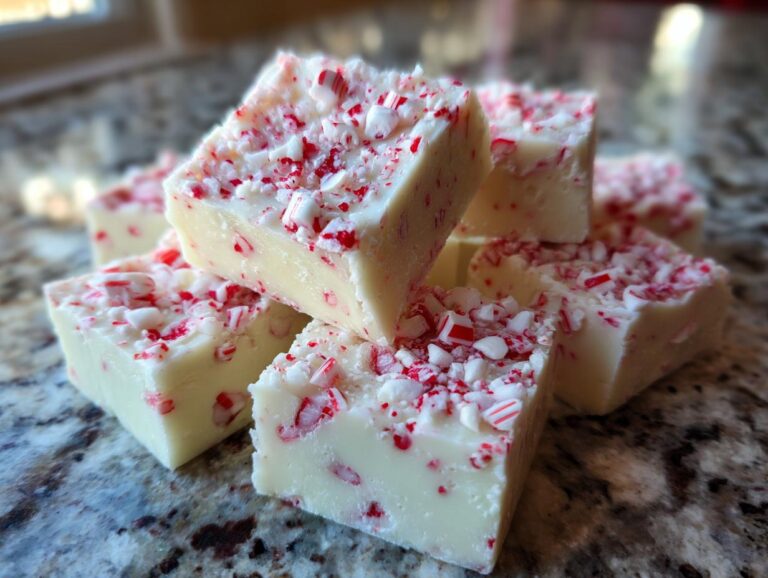 Several squares of creamy white peppermint fudge topped generously with crushed red and white candy canes.