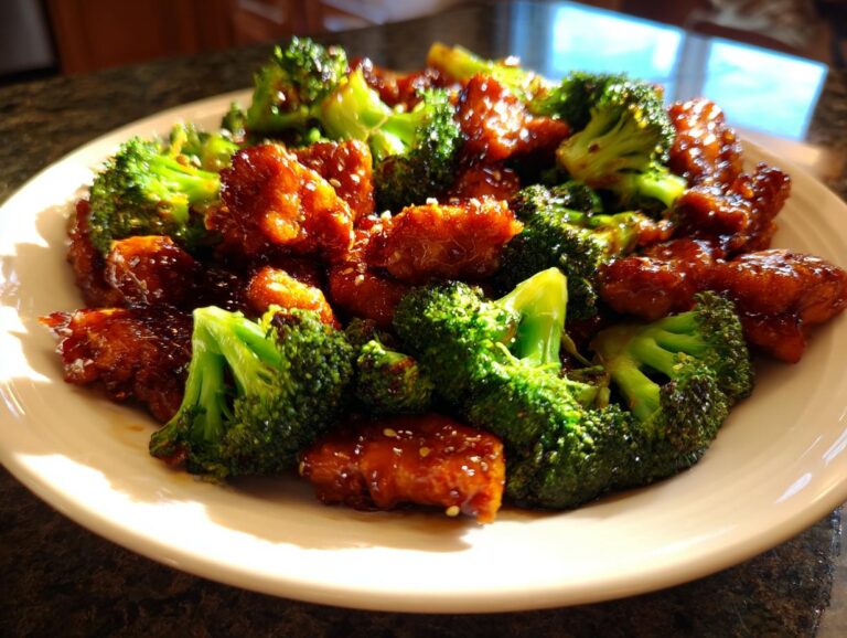Close-up of saucy, glazed chicken and bright green broccoli florets served on a white plate, showcasing the chicken and broccoli recipe.