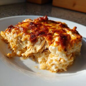 A close-up serving of creamy, baked chicken and rice casserole with a deeply browned, cheesy top.