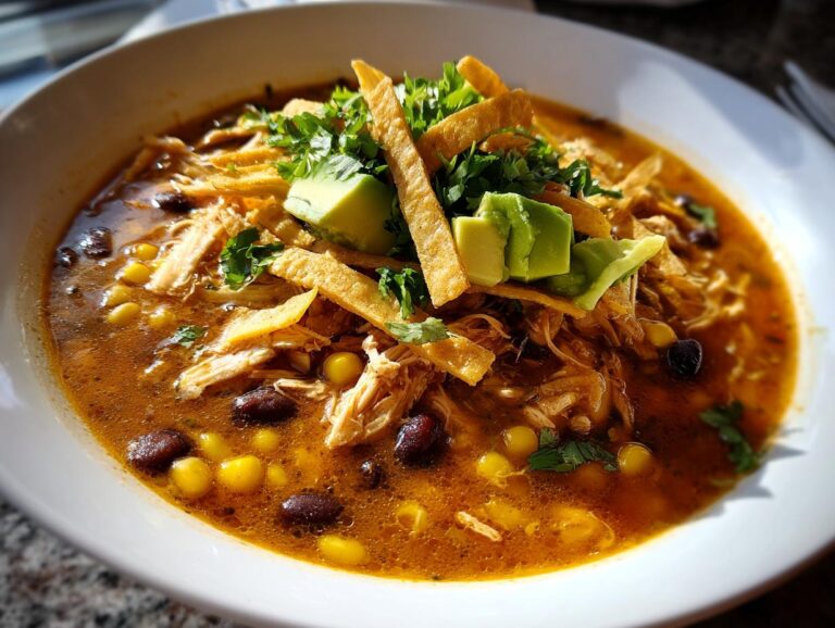 A close-up view of a hearty bowl of tortilla soup recipe topped with shredded chicken, black beans, corn, avocado, and crispy tortilla strips.