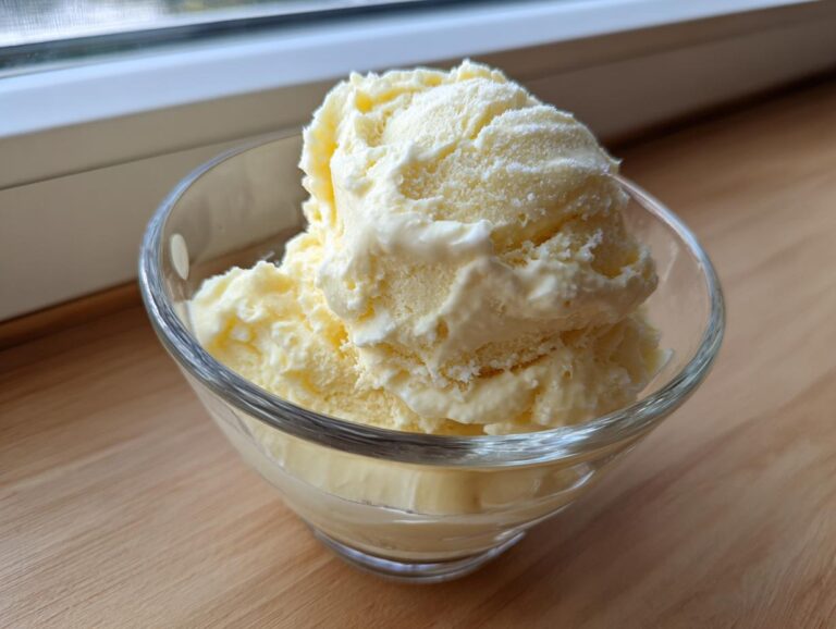 Two scoops of creamy, pale yellow banana ice cream served in a small clear glass bowl.