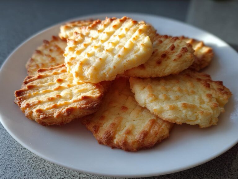A stack of golden brown, textured 3-ingredient butter cookies resting on a white plate under natural light.