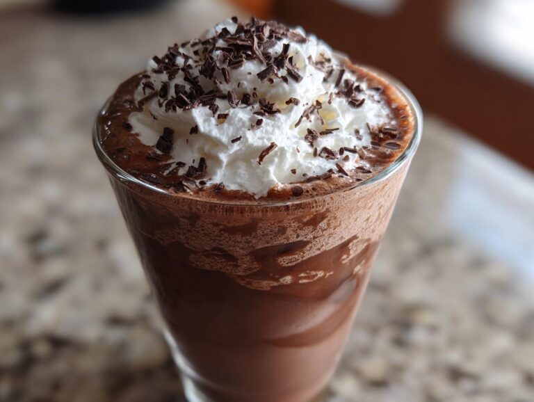 Close-up of a tall glass filled with rich frozen hot chocolate, topped with whipped cream and chocolate shavings.