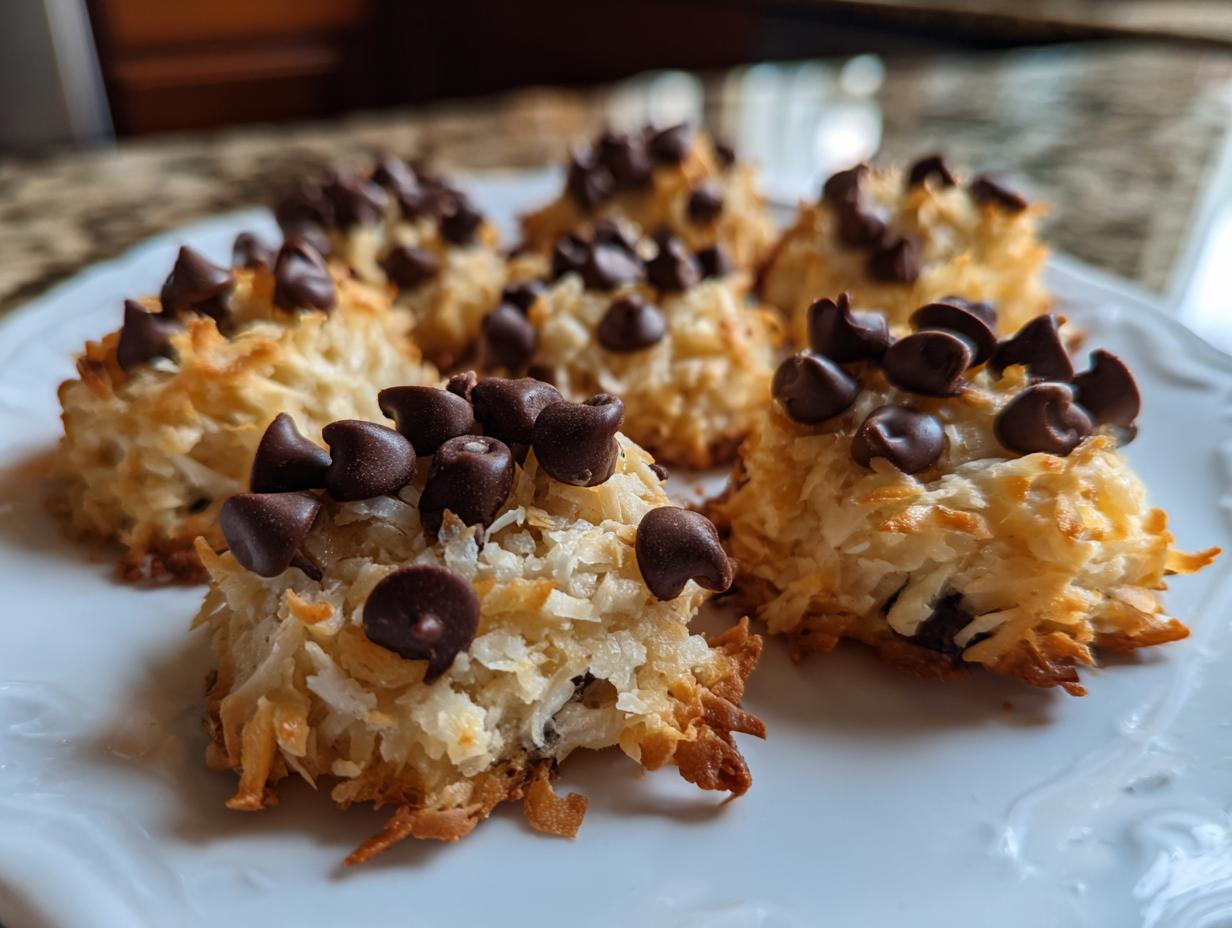 A plate of freshly baked almond joy cookies, featuring toasted coconut mounds topped with chocolate chips.