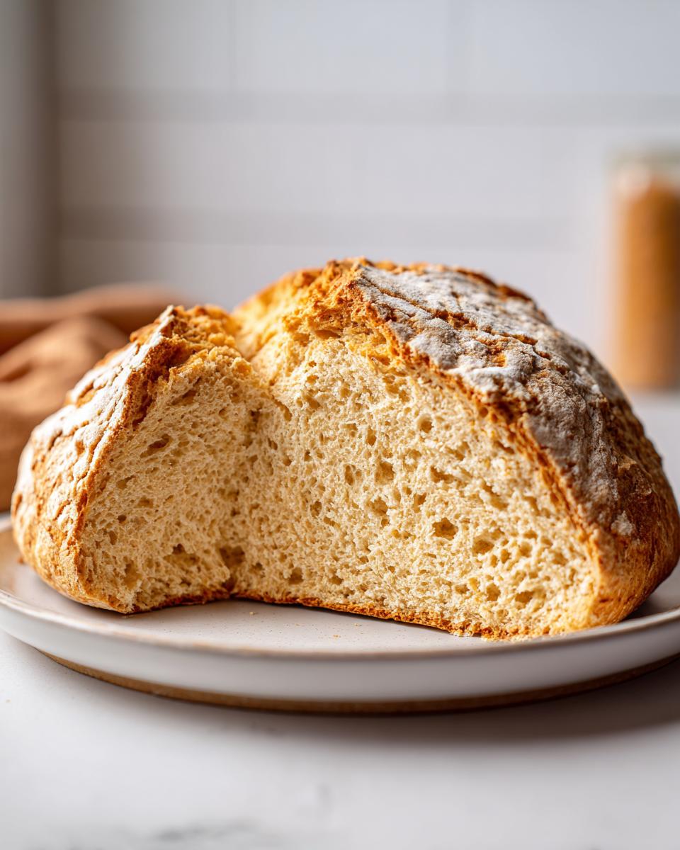A rustic loaf of homemade soda bread, cut in half to show the soft, airy crumb texture.