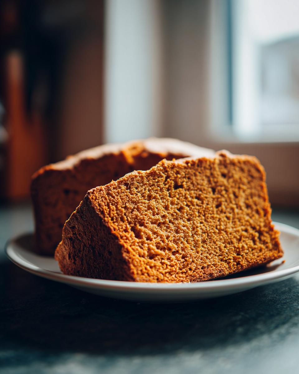 Close-up of a thick slice of dark brown soda bread showing its porous, moist crumb texture on a white plate.