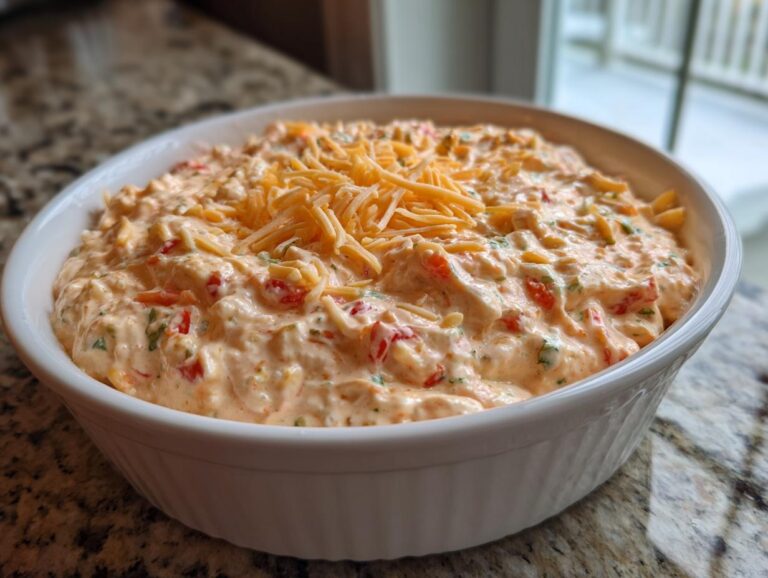 A white, round baking dish filled with creamy, orange-hued boat dip topped with shredded cheddar cheese.