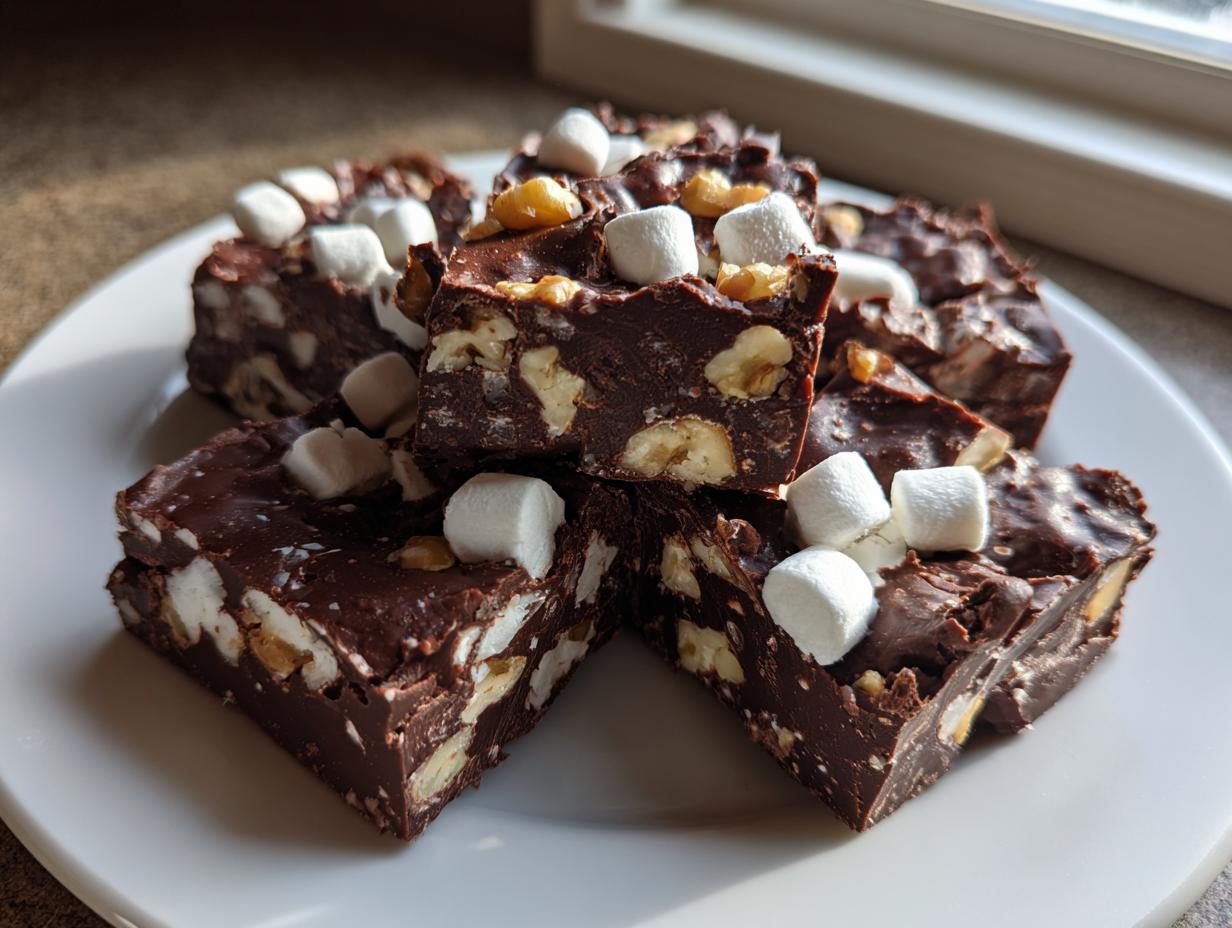 A stack of rich, dark chocolate rocky road fudge squares topped with mini marshmallows and walnuts.