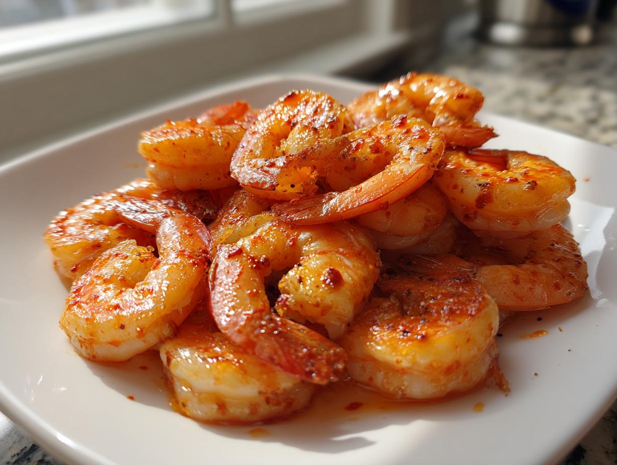 A close-up of seasoned, cooked air fryer frozen shrimp piled on a white square plate near a window.