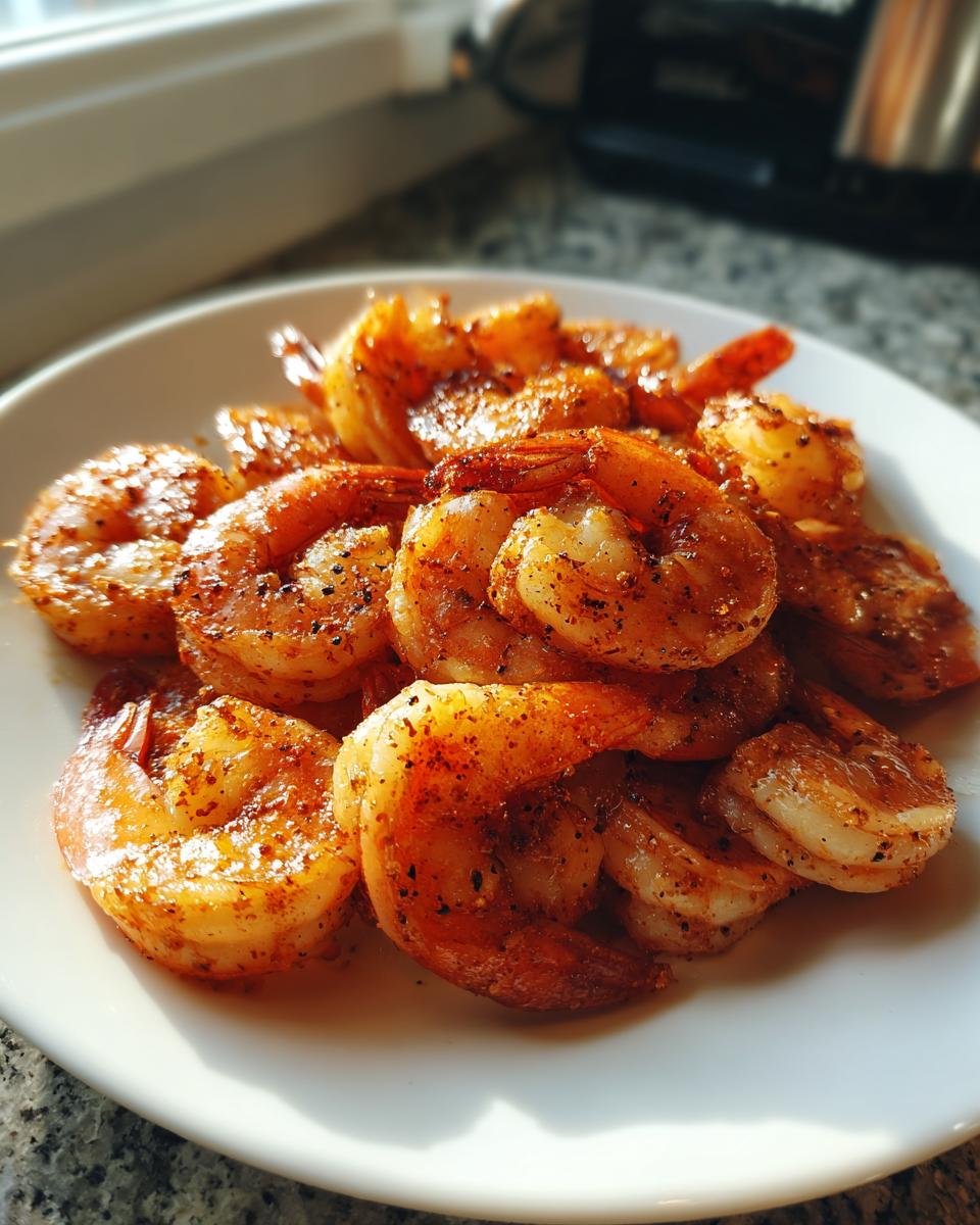 A white plate piled high with perfectly cooked, seasoned air fryer frozen shrimp, glistening under natural light.