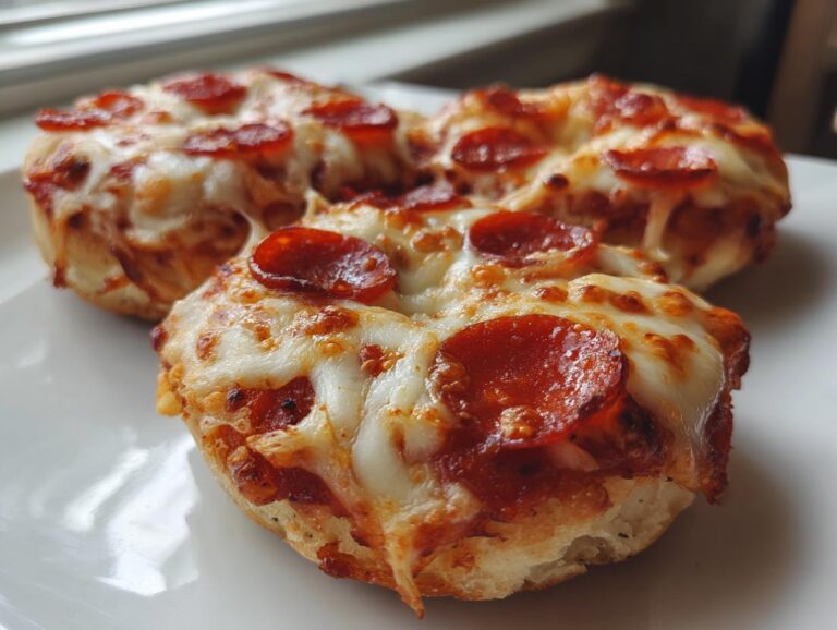 Three freshly made pepperoni pizza bagels topped with melted, bubbly cheese served on a white plate.