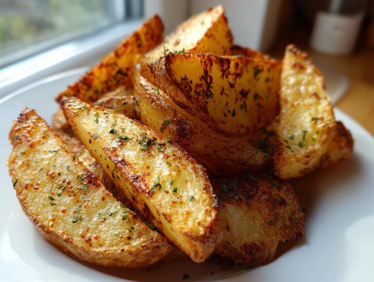 A close-up of golden brown, seasoned air fryer potato wedges piled on a white plate.