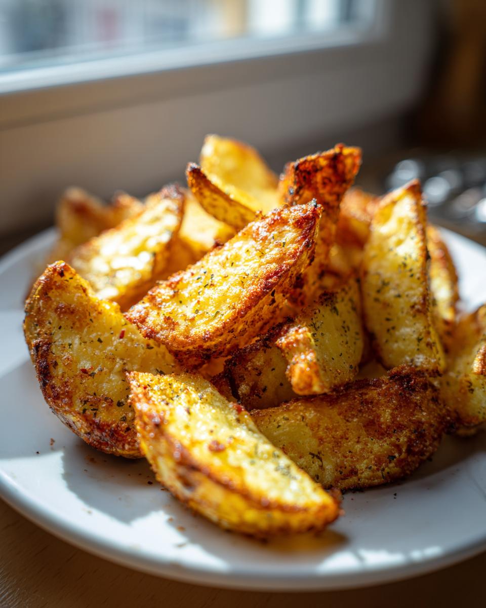A close-up of golden brown, seasoned air fryer potato wedges piled high on a white plate near a window.