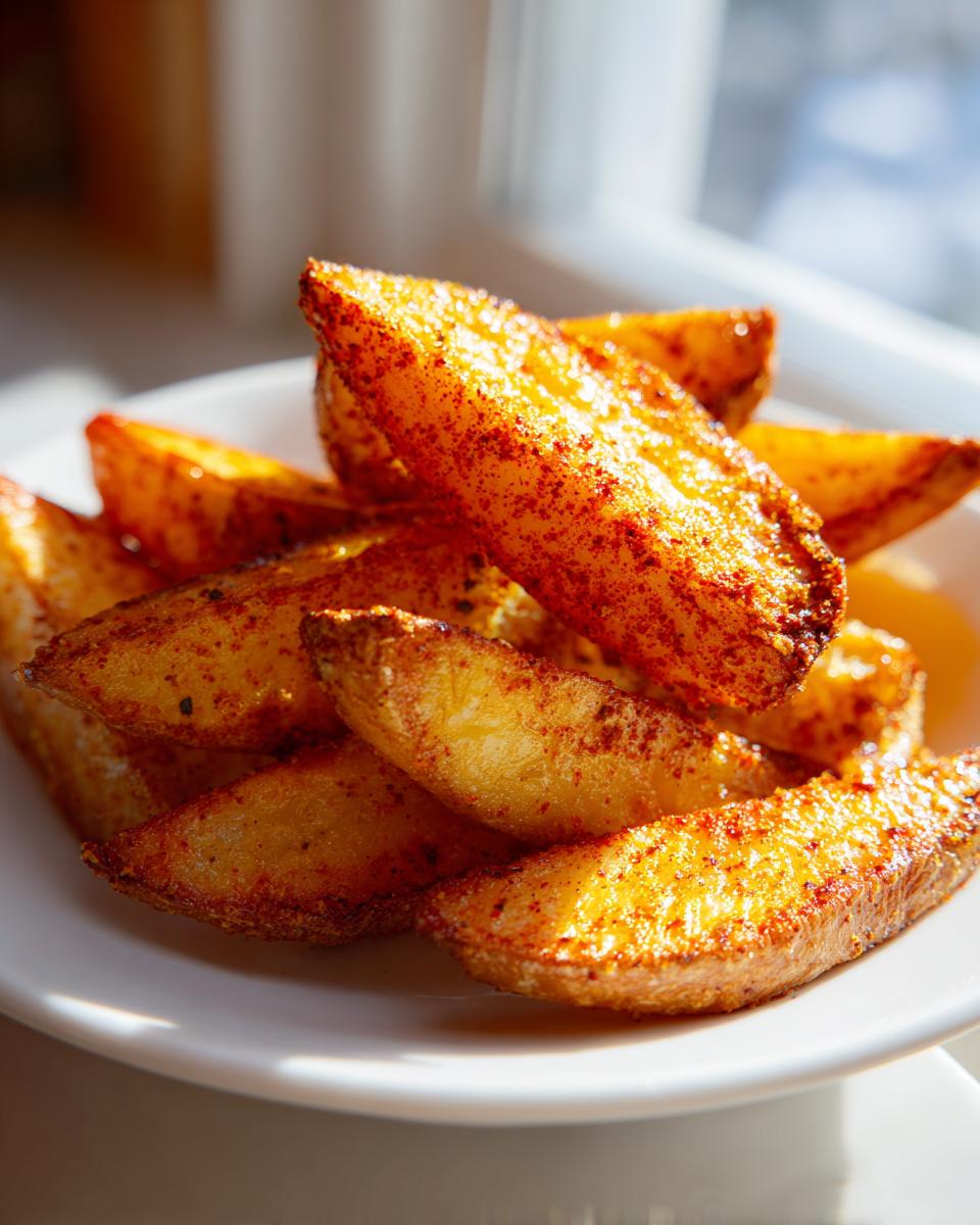 Close-up of crispy, golden air fryer potato wedges seasoned with red paprika on a white plate.