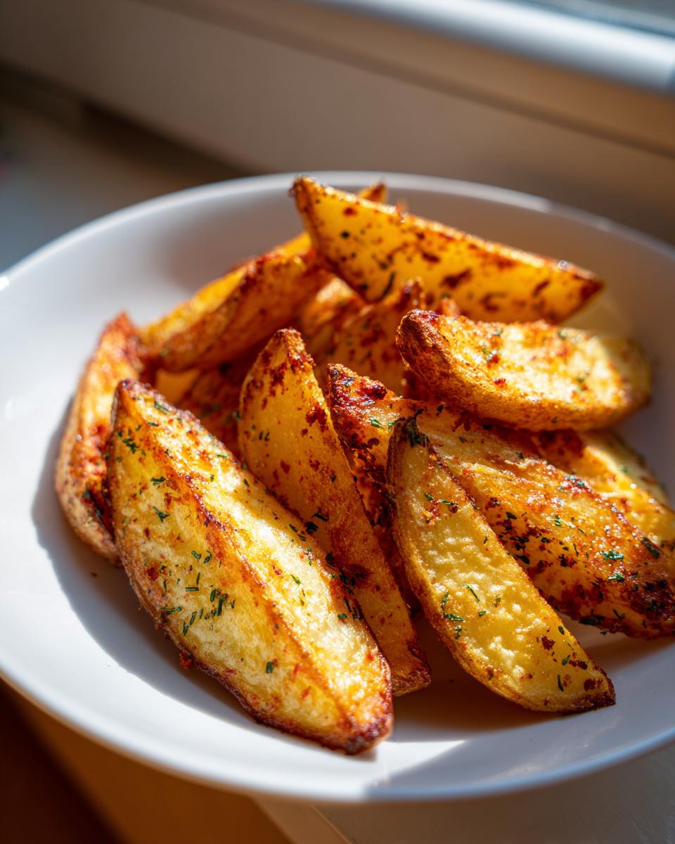 A white bowl filled with crispy, golden air fryer potato wedges seasoned with herbs.
