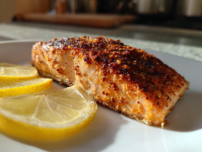 Close-up of a seasoned, flaky air fryer salmon fillet served on a white plate with fresh lemon slices.