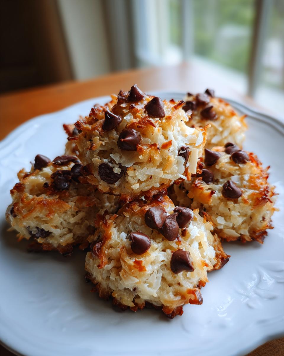 A stack of golden brown, toasted coconut almond joy cookies topped with semi-sweet chocolate chips on a white plate.