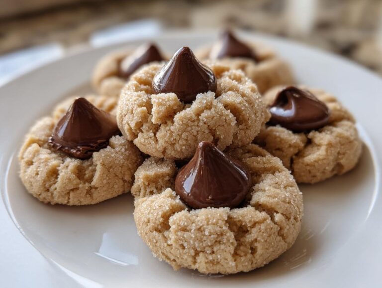 A close-up of several peanut butter kiss cookies rolled in sugar, each topped with a melted chocolate kiss.