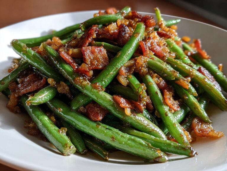 Close-up of bright green beans tossed with crispy bacon pieces and a savory glaze.
