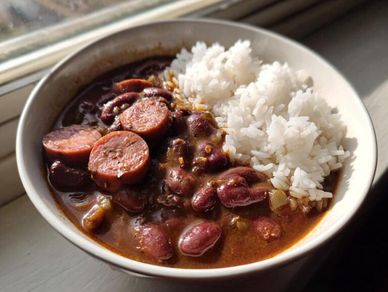 A close-up of a bowl of rich, savory red beans and rice topped with slices of smoked sausage.