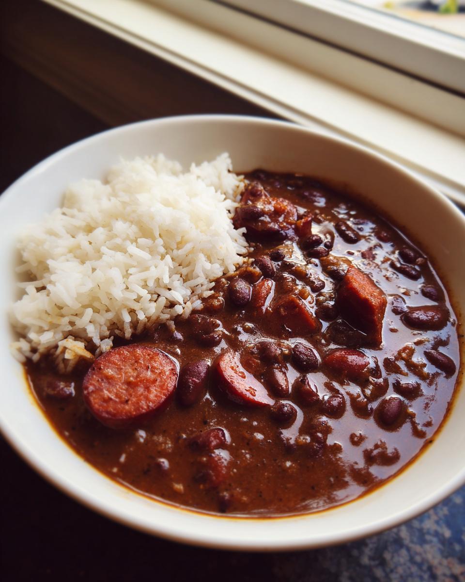 A close-up of a white bowl filled with rich red beans and rice and slices of smoked sausage.