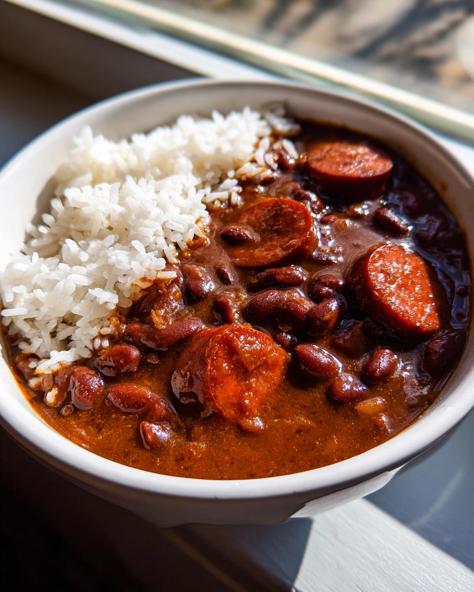 Close-up of a white bowl filled with rich, dark red beans and rice, topped with slices of smoked sausage.
