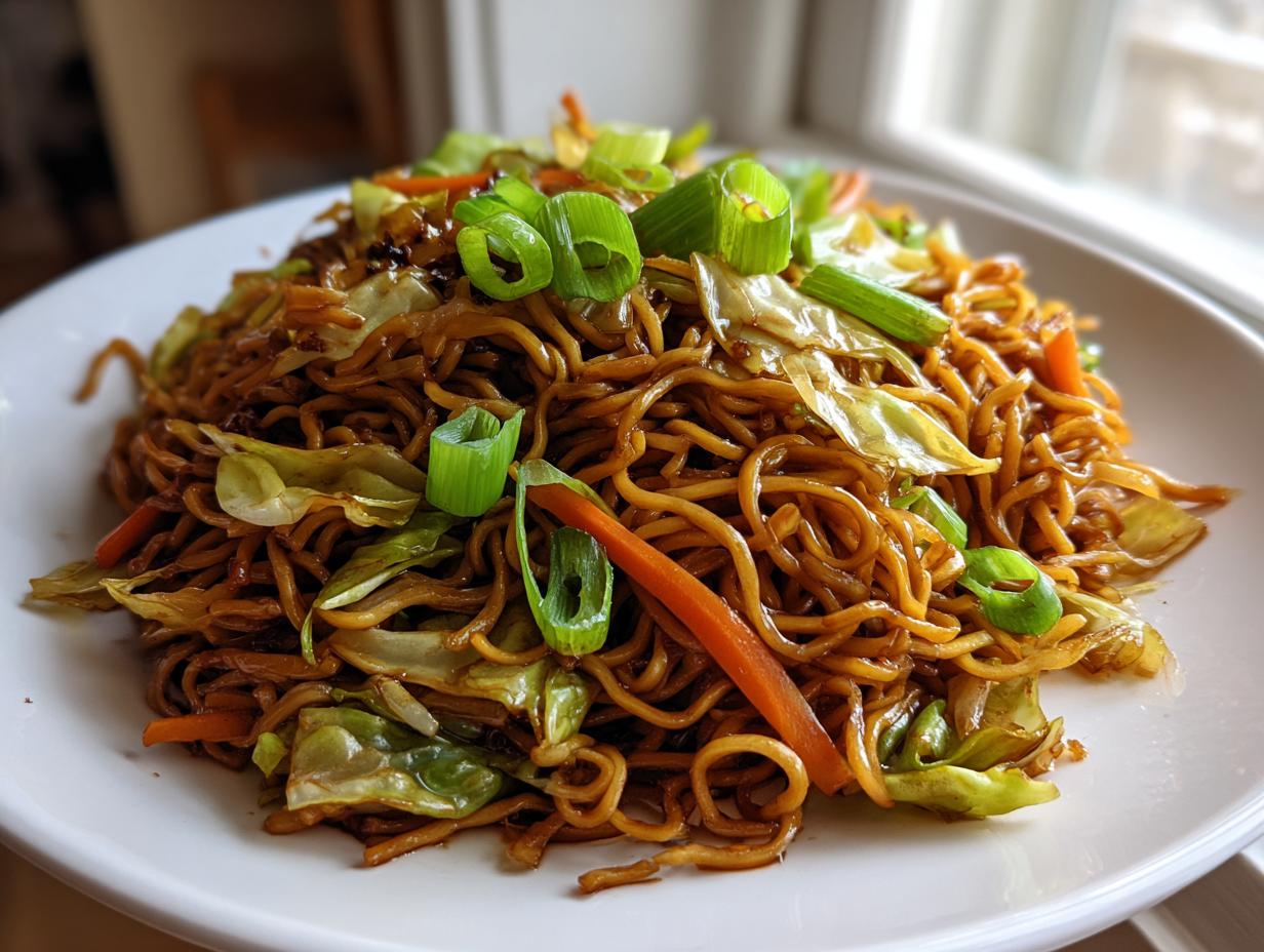 A close-up of a plate piled high with savory, dark brown fried noodles mixed with cabbage and carrots, topped with green onions.