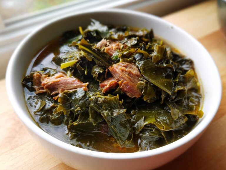 Close-up of a white bowl filled with tender, dark green collard greens simmering in broth with pieces of shredded smoked meat.