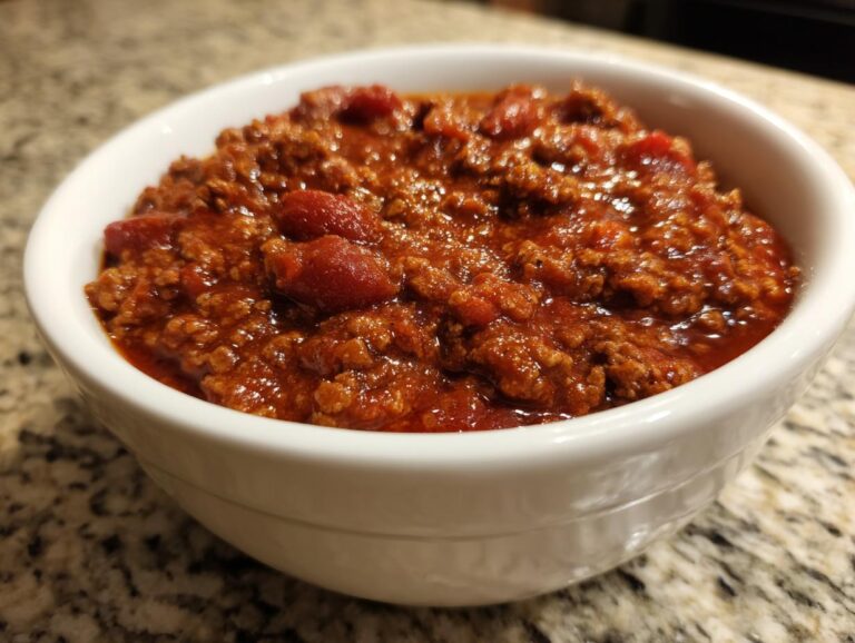 Close-up of a white bowl filled with rich, thick, meaty chili, featuring visible tomatoes and a deep red sauce.