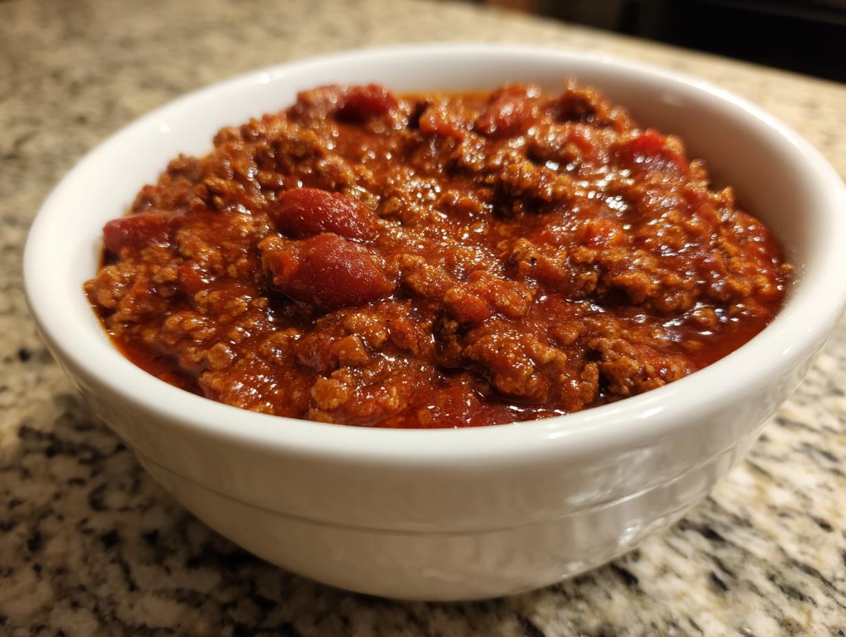 Close-up of a white bowl filled with rich, thick, meaty chili, featuring visible tomatoes and a deep red sauce.