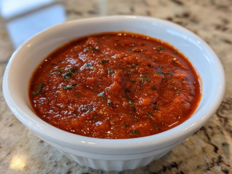A close-up of rich, vibrant red homemade pizza sauce flecked with green herbs, served in a white ceramic bowl.